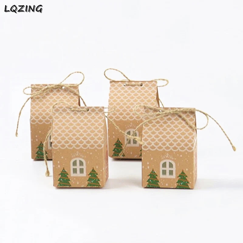 5pcs Christmas Tree Printed Kraft Paper Boxes Khaki Candy Bag Favors Gift Box Package Xmas Party Decor Bags with Rope | Дом и сад