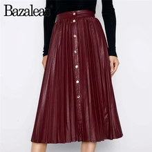 Bazaleas, винтажная винно-красная юбка миди из искусственной кожи, высокая талия, плиссированная юбка в клетку с бантом, модные женские юбки с пуговицами