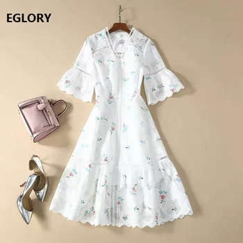 

High Quality New Runway Dress 2020 Spring Summer Style Women V-Neck Hollow Out Embroidery Flare Sleeve Mid-Calf White Dress Lux