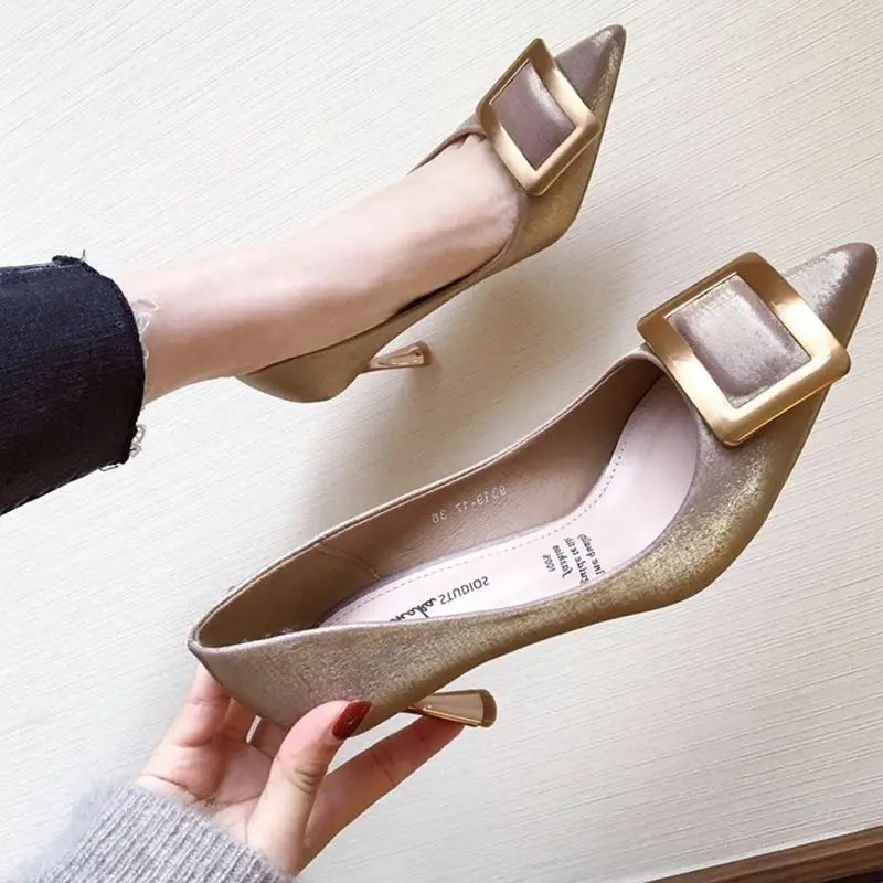 

2019 Vintage Satin Women Pumps OL Faves High Heels Pointed Toe Autumn High Heeled Single Shoes Square Buckle Champagne Blue