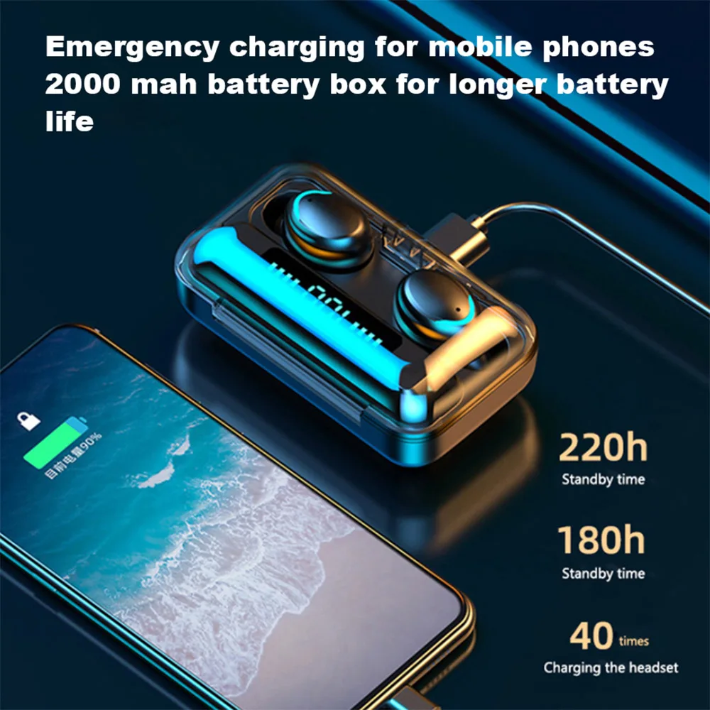 FDGAO Bluetooth Earphones Mini LED Display Headphones Stero Sound 2000mah Power Bank Wireless Headsets Sport With Microphone