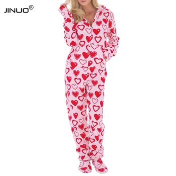 

Dropshipping Winter Warm women Onesie Long Sleeve Hooded Pocket Footed Heart Printed Ladies flannel jumpsuit home wear pajamas