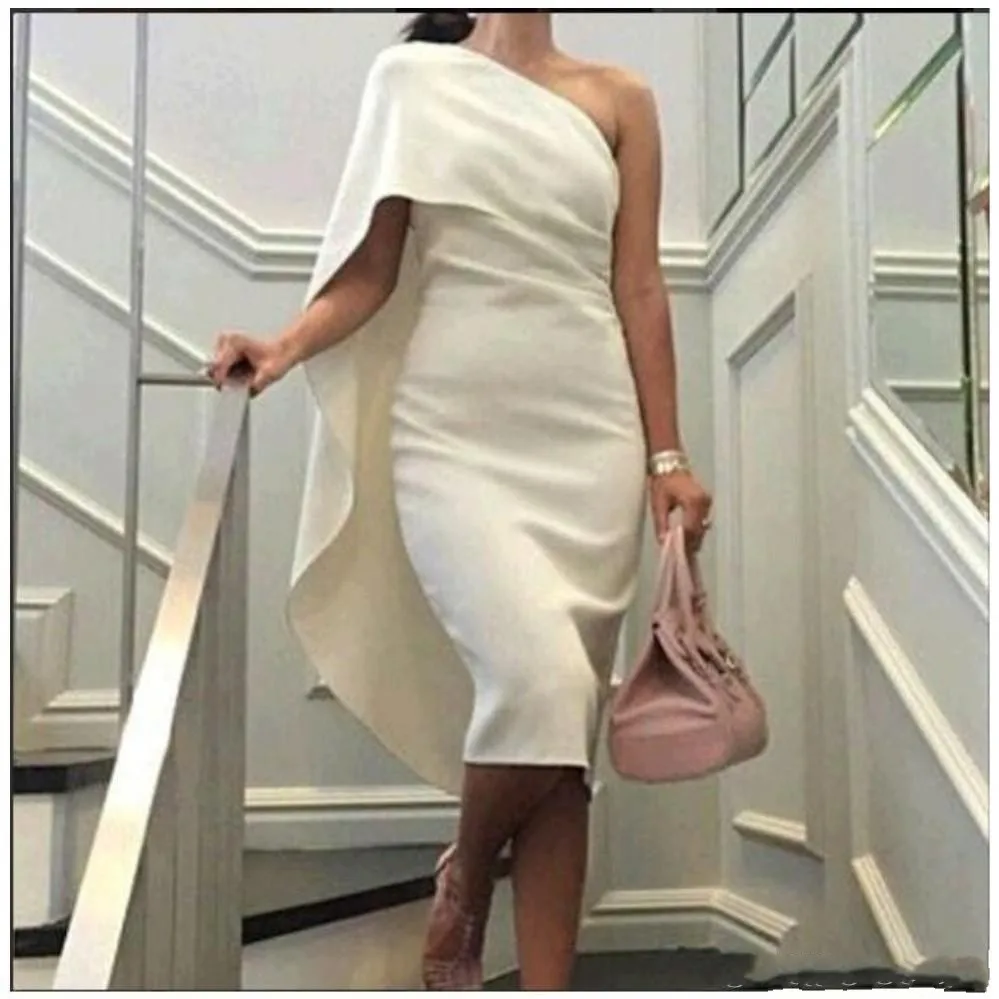 

White Simple Elegant Straight Arabic Prom Dresses Plus Size One Shoulder Tea Length Formal Evening Party Gowns