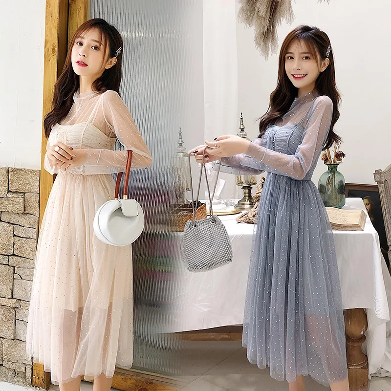 

Immortal Gentle Skirt Western Style Goddess-Style Mesh Dress Sequin Fairy Ventilation Network Red Long Skirts Camisole Two-Piece