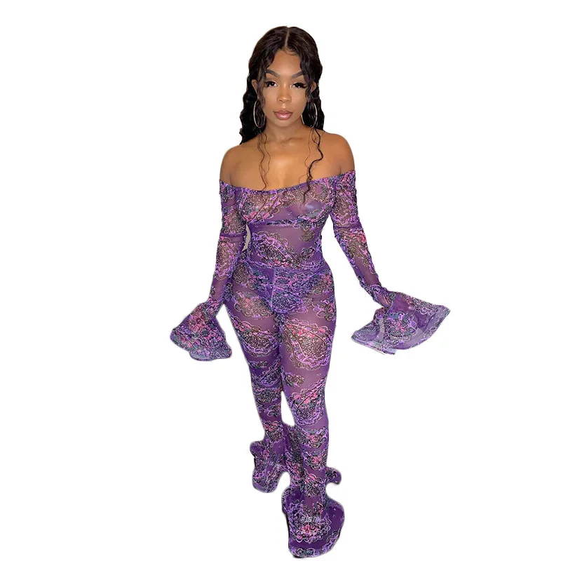 Autumn New European And American Sexy Word Shoulder Print Perspective Mesh Ruffled Jumpsuit