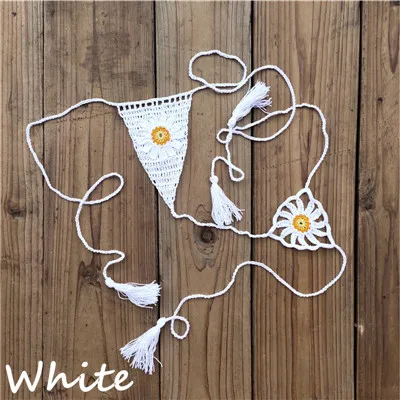 Кружевные стринги ручной вязки с аппликацией маргаритки, мини-бикини, купальники, бикини для загара - Цвет: Белый