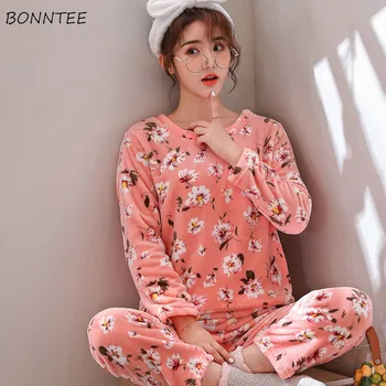 

Pajamas for Women Home Clothes Round Neck Printed Winter Warm Womens Pajama Set Sleepwear Two Piece Korean Kawaii High Quality