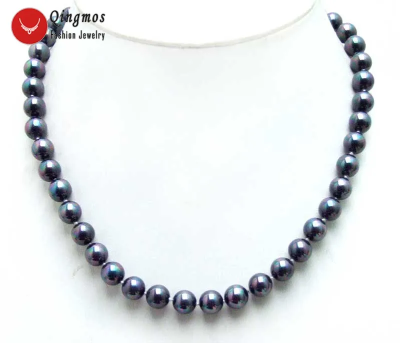 

Qingmos 8mm Round High Quality Black Rainbow Sea Shell Pearl Necklace for Women Luster Beads Chokers 17" Jewelry Nec6024