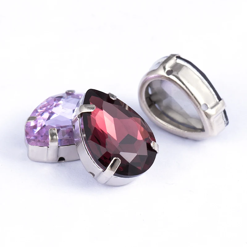 Fancy Purple Violet Top Stone Tear Drop Glass Crystal Strass High Quality Sew-on Rhinestones With Claws Sew On Clothes Crafts