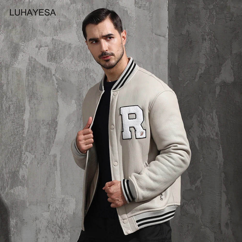 

LUHAYESA 2021 New Gray White Sheepskin Fur Shearling Jacket Baseball Men Sports Fur Coats Good Quality Real Sheepskin Fur Jacket