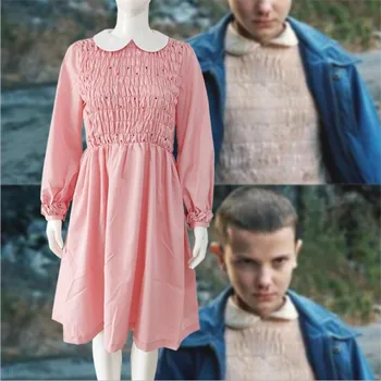 

Stranger Things Season 3 cosplay Dustin Eleven Millie Bobby Brown Pink dress Adult Woman Clothing skirt makeup party costumes