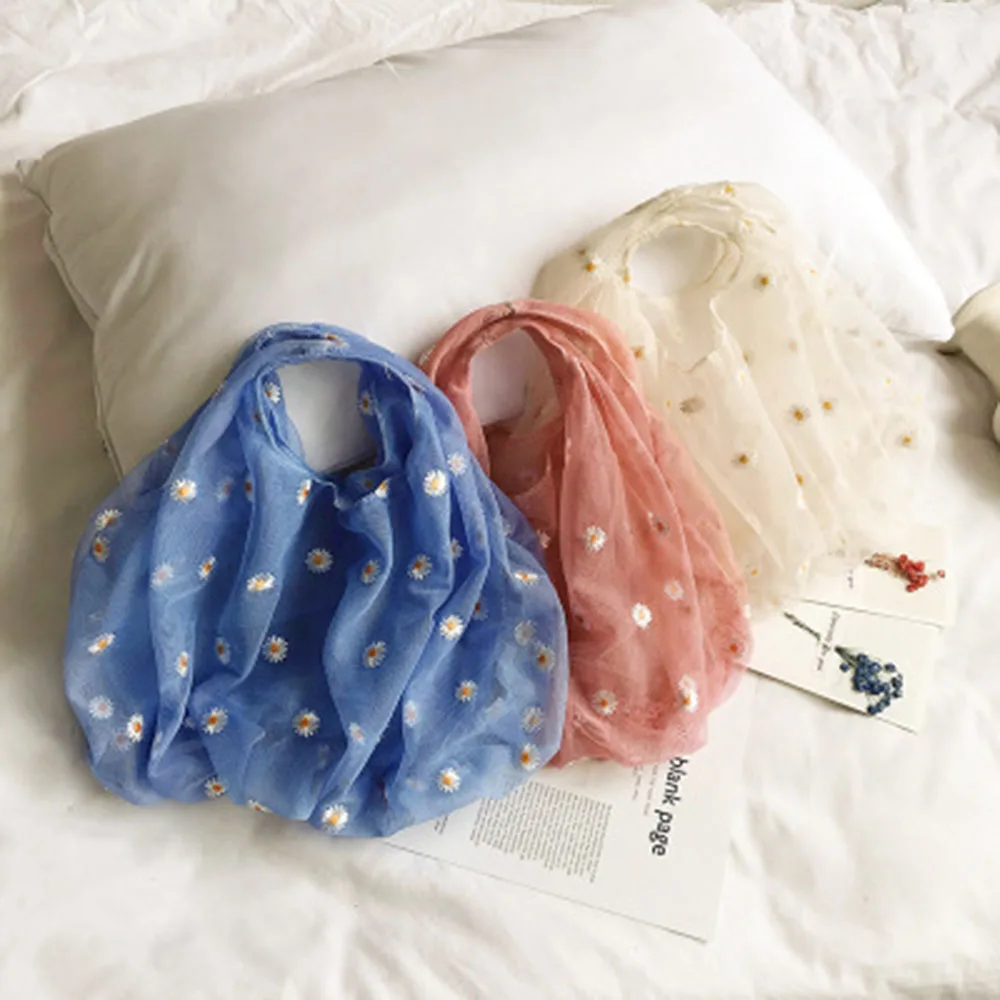 

2020 Spring Women Small Transparent Tote Mesh Cloth Bag Daisy Embroidery Handbag High Quality Eco Fruit Bag Purse For Girl Lady