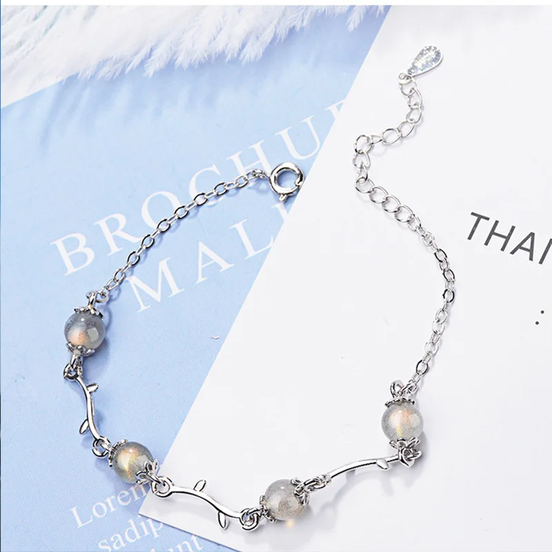 Натуральный лунный камень Клубника Кристалл женские модные браслеты серебро 925 цепи браслеты из драгоценных камней для влюбленных день памяти прекрасный подарок - Цвет камня: Moonstone
