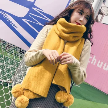 

Winter Rabbit Fur Grass Scarf Luxury Brand Designer Solid Color Warm Scarf Blanket with Ball Fashion Wool Knitted Blanket Shawl