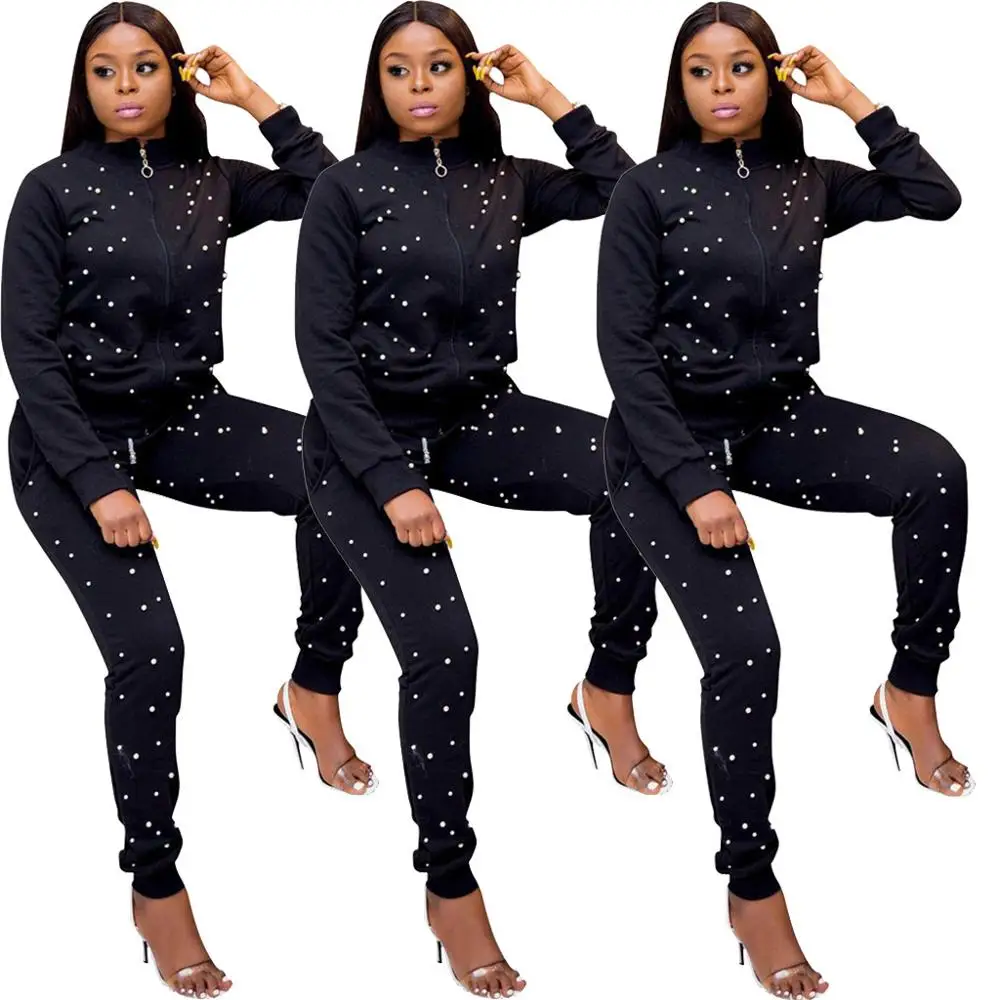 

Newest Pearls Black Women Zipper Coat Tracksuits Two Pieces Long Sleeves Top Long Pants Autumn Winter Sports Casual 2PCS Suits