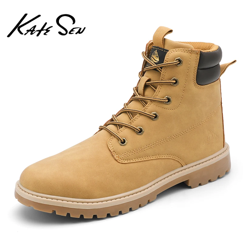 

KATESEN New Men Winter Boots Soft Comfortable Man Flat Boots Soft Comfortable Motorcycle Boots fashion Lace Up Ankle brown Boots