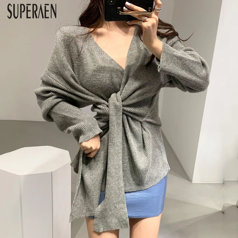 SuperAen, корейский стиль, женские свитера,, новые, осенние и зимние, с v-образным вырезом, женские свитера, одноцветные, модные, вязаные топы для женщин