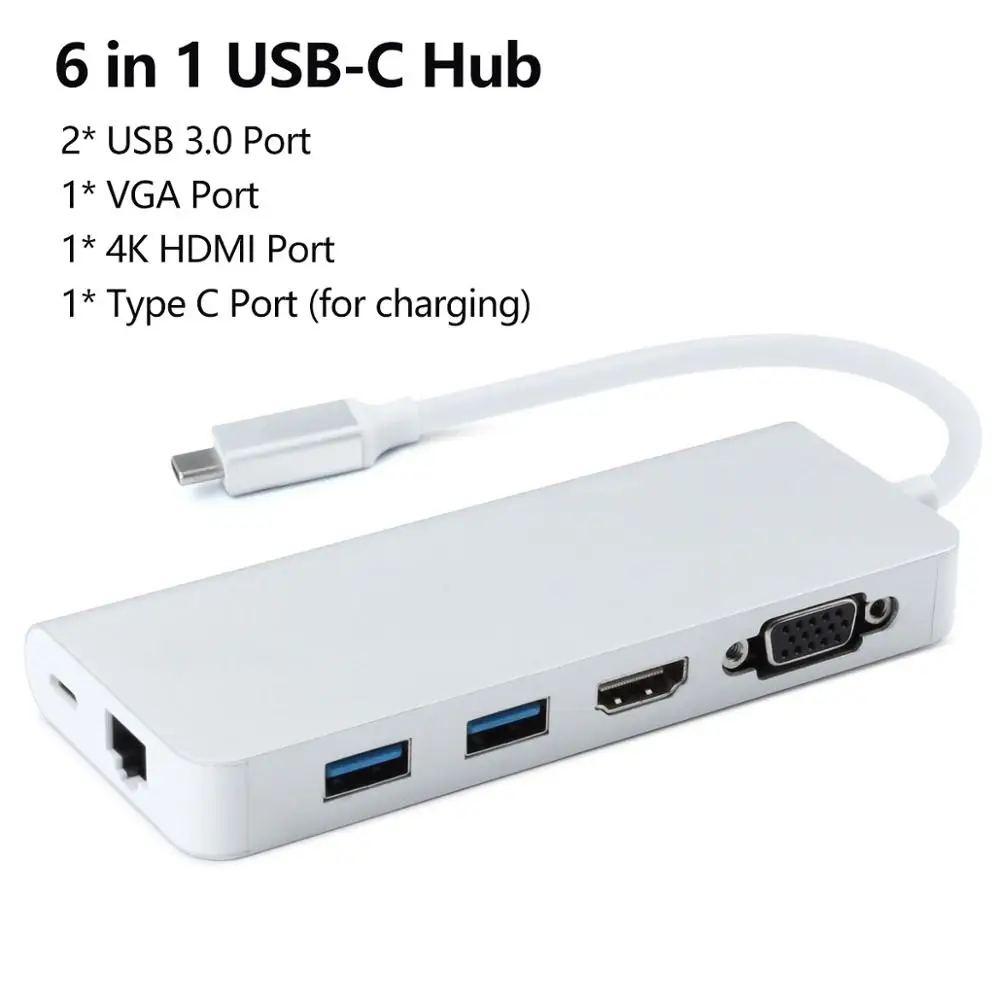 6 в 1 Многофункциональный USB 3,0 концентратор Тип C адаптер с HDMI RJ45 VGA порт для нового MacBook Pro/ Air 13 A1932/huawei/Xiaomi - Цвет: 1676-Silver