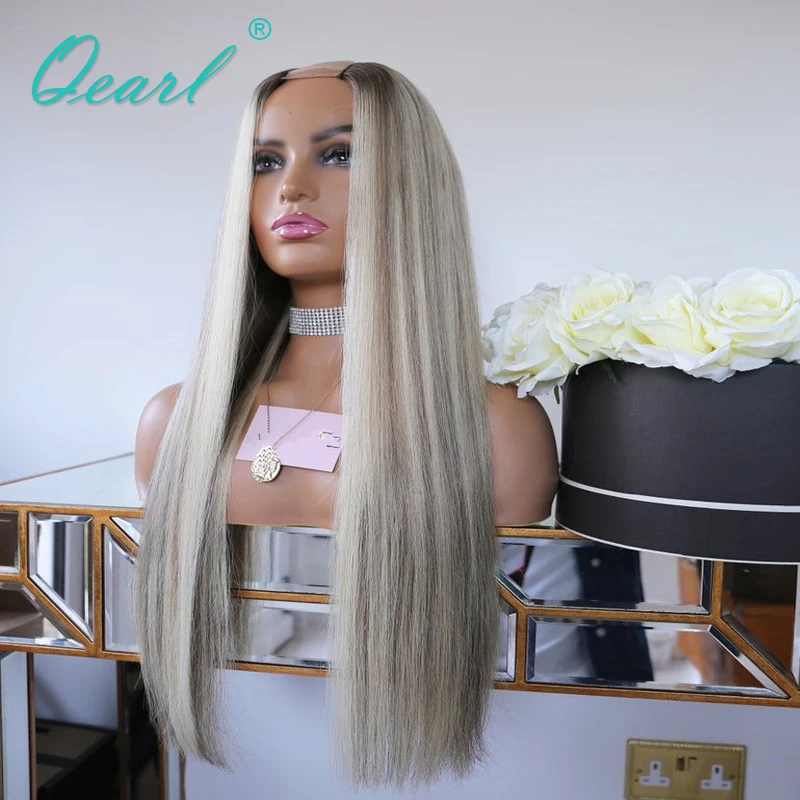 Grey Ashy Blonde Highlights Color U Part Wigs Silky Straight Real Human Hair Wig Thick 200% 2x4 Ombre Colored Cheap Wig Qearl