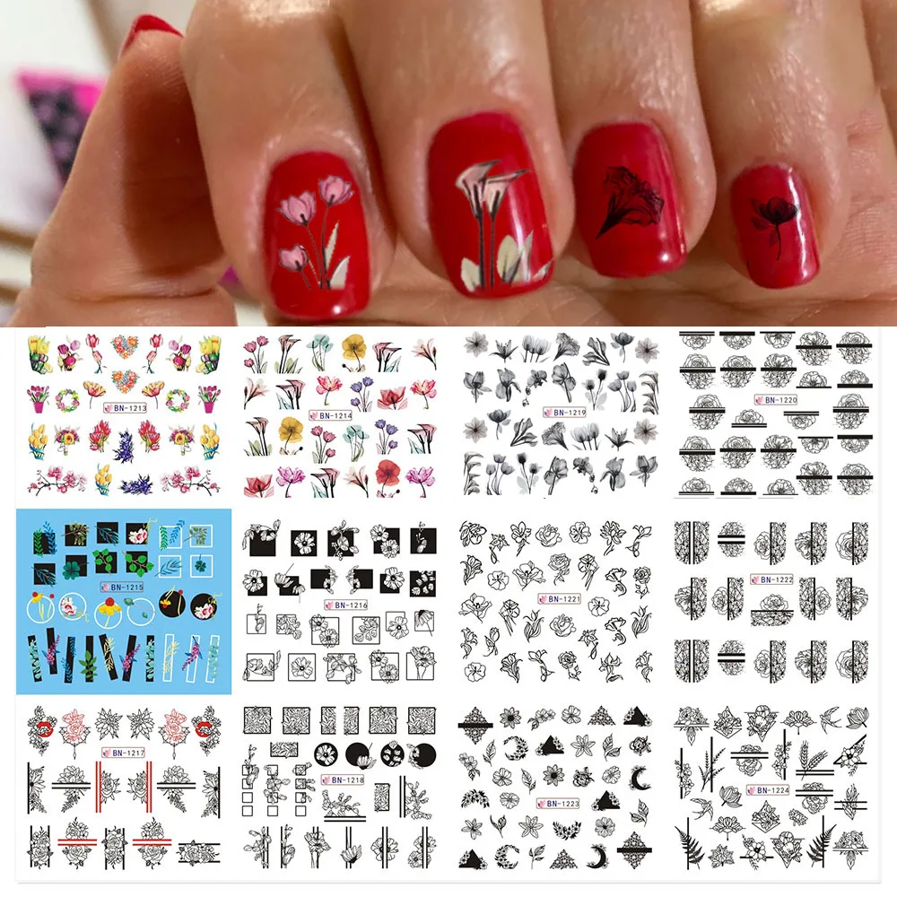 

12designs/sheet Mixed Floral Sexy Girl Letter Line Pattern Nail Sticker Water Transfer Decals Nail Art Decorations Manicure Tool