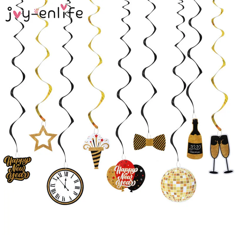 

30pcs 2020 Happy New Year Hanging Swirl Decorations Gold Black Metallic Foil Ceiling Spirals New Years Eve Party Decorations