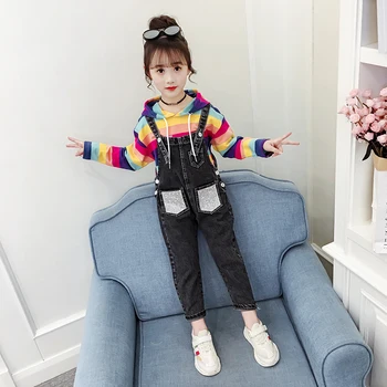 

Cute Girls Sets Autumn New Hooded Rainbow Striped Tops + Denim Overalls 2 Pieces Kids Outfits Fashion Baby Girls Clothes Vestido