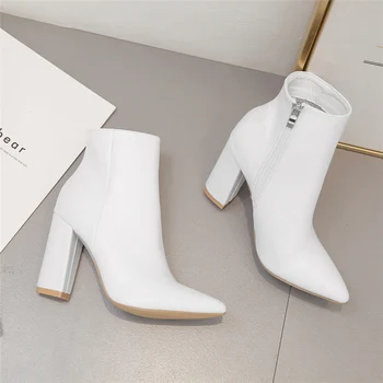 

Luxury 2020 Designer Women Sexy 10cm High Heels Western Cowboy Boots Leather Block White Heels Ankle Boots Chunky Heels Shoes