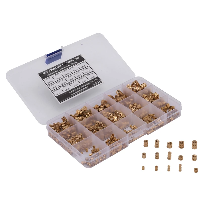 

420 PCS M2 - M5 Female Thread Knurled Nuts Brass Threaded Insert Embedment Nuts Assortment Kit