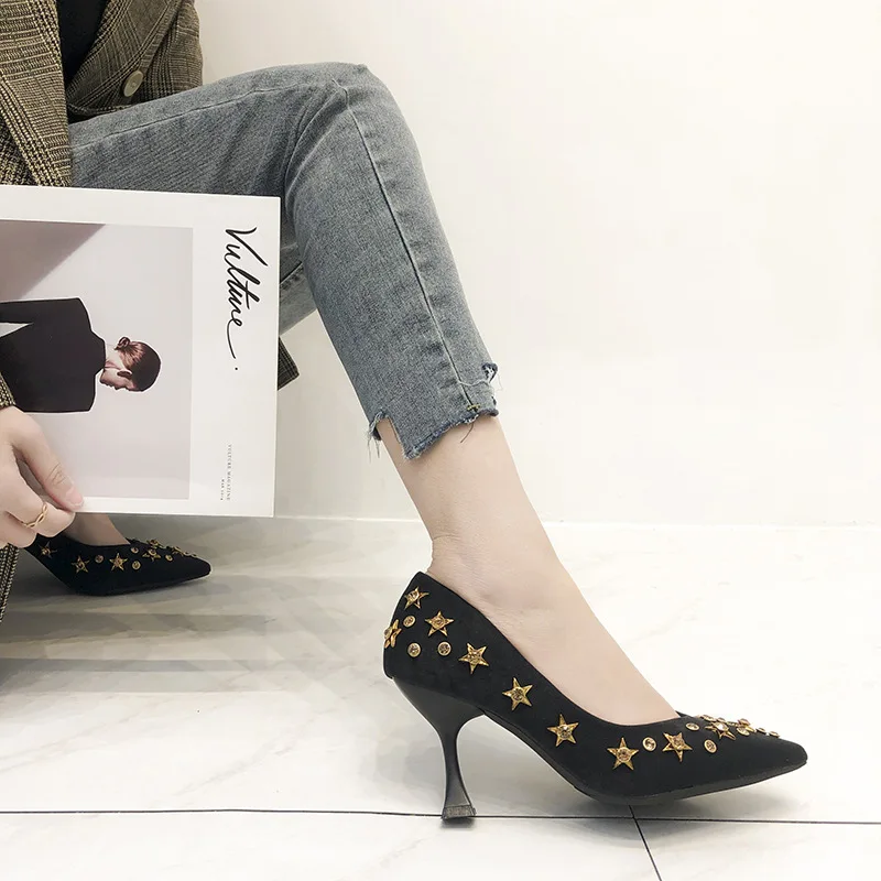 

French High Heel Shoes Women's Thin Heeled Rivet Pointed-Toe 2020 Spring Versatile New Style Hipster GIRL'S Shoes Online Celebri