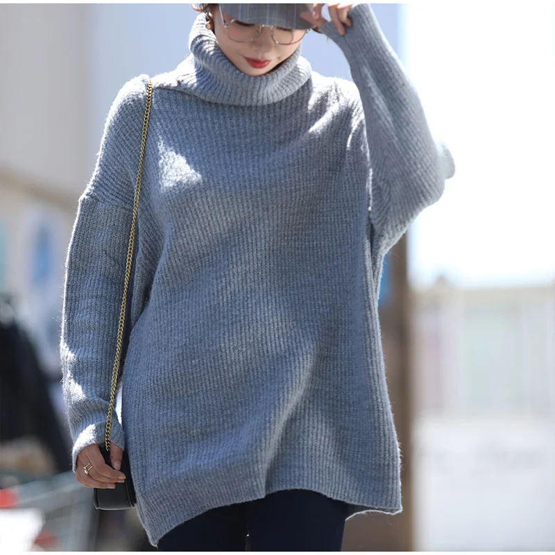 Женский свитер, Осенний вязаный пуловер большого размера, длинный рукав летучая мышь, зимний Однотонный женский свитер, повседневный базовый джемпер