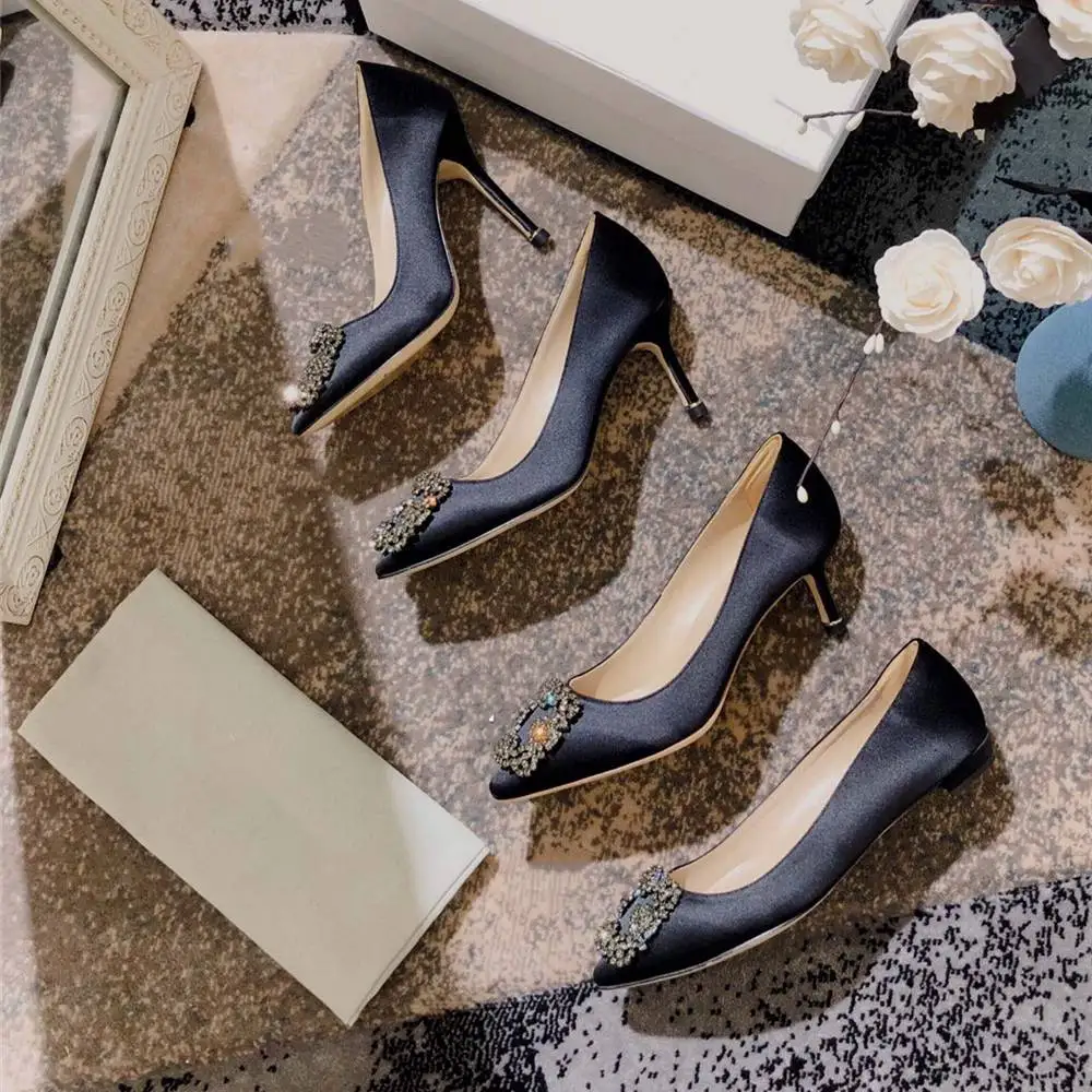 Junetxin/женские туфли-лодочки со стразами; элегантные пикантные женские туфли на высоком каблуке; женская обувь с острым носком; женские туфли-лодочки из экстремальной кожи - Цвет: Black 7cm heels