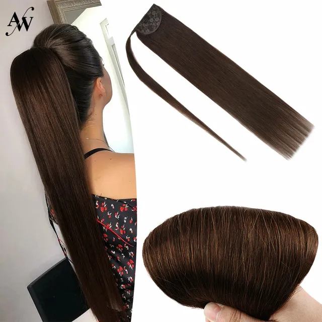 AW 12''-24'' Ponytail Human Hair Wrap Around Machine Remy Hair Extensions Brazilian Hair Extensions Clip Ins Blonde Brown Color #4