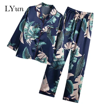 

LYun Women's pajamas plus size pajamas set spring and autumn ice silk satin pajamas new flower pattern home service suit 5XL