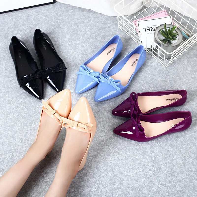 

Fashion Outer Wear Sandals Women's Shallow Mouth Pointed Bow Gel Shoes Korean-style Flat Heel Plastic Shoes Waterproof Non-Slip