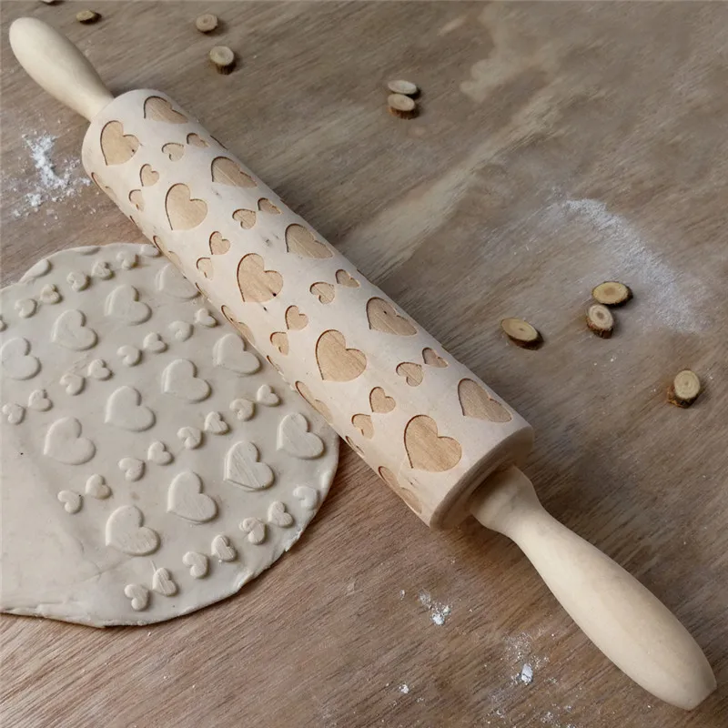 Valentine's Day Cookies Baking Biscuit Cake DIY Supplies Heart Pattern Christmas Wooden Embossing Roll Tool