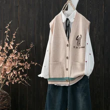 Осень Ретро Вышивка литературный кардиган жилет свободный без рукавов свитер женский tb