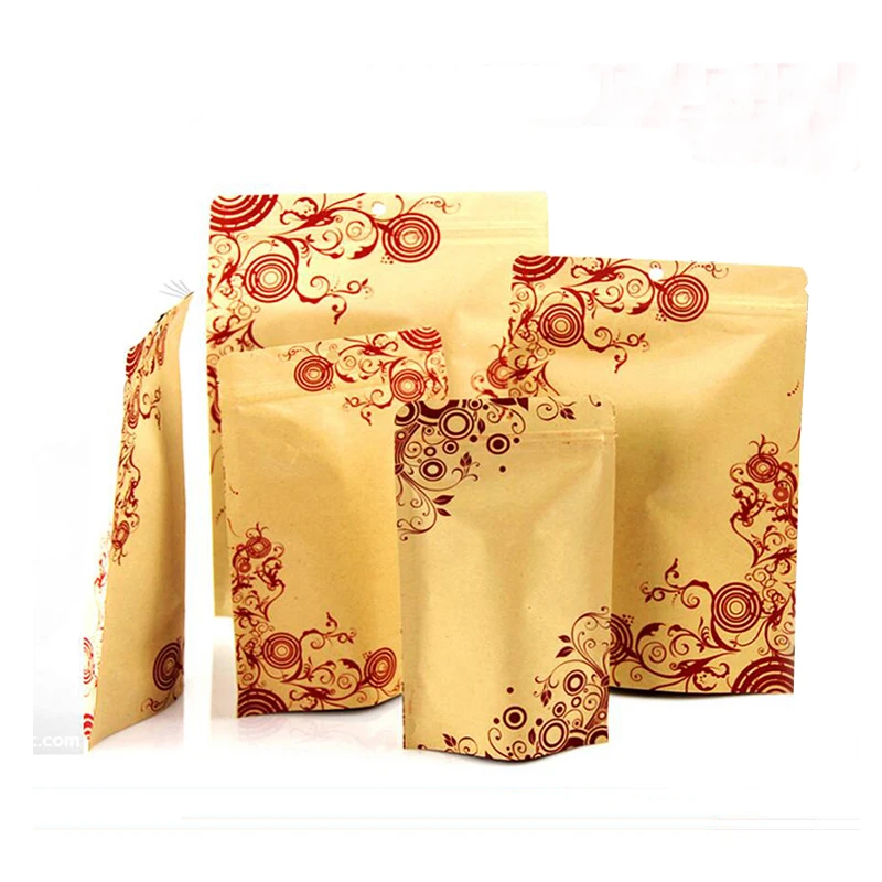 

100 Pcs Stand-up Kraft Paper Food Packaging Bag with Flower Pattern Design, Pouch for Gift Food Nuts Cookie Candy Baking Tea bag