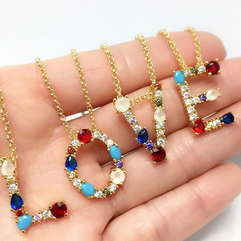 Lateefah Customized Jewelry 2021  A-Z Letter Necklace Colored Zircon Necklace with Diamonds English Pendant Name CHAIN Necklace 2021 new 24 colors full size dry crayons school supplies colored pencil drawing all for age wood safe child fast delivery hot