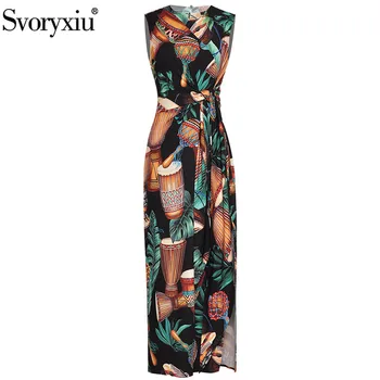 

Svoryxiu Runway Custom Summer Vintage Pattern Print Lace Up Maxi Dress Women's Fashion Sleeveless Split Sexy Party Long Dresses