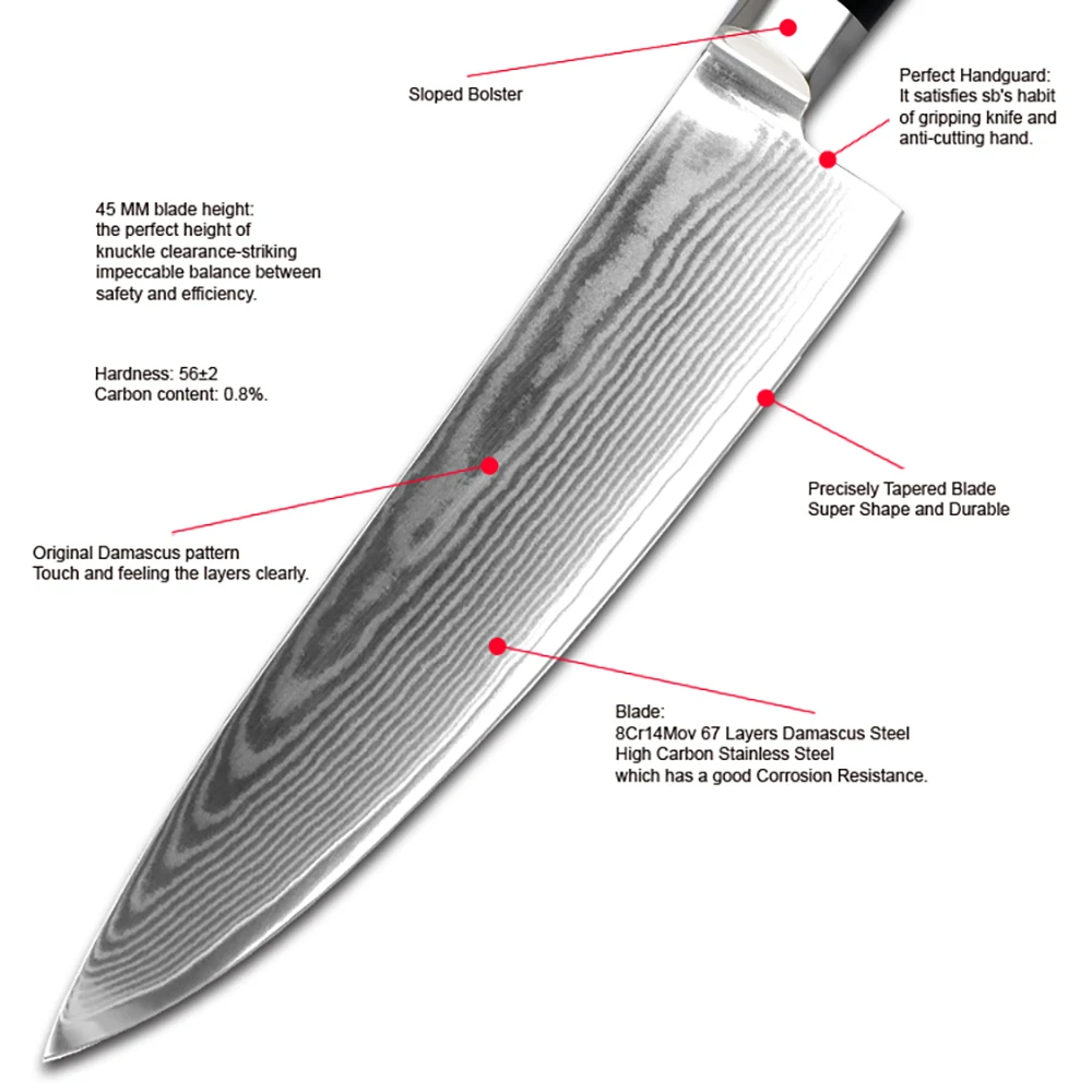8 дюймов профессиональный нож шеф-повара 67 слоев дамасский стальной нож с острым лезвием, эргономичная ручка, кухонный нож для нарезки фарша