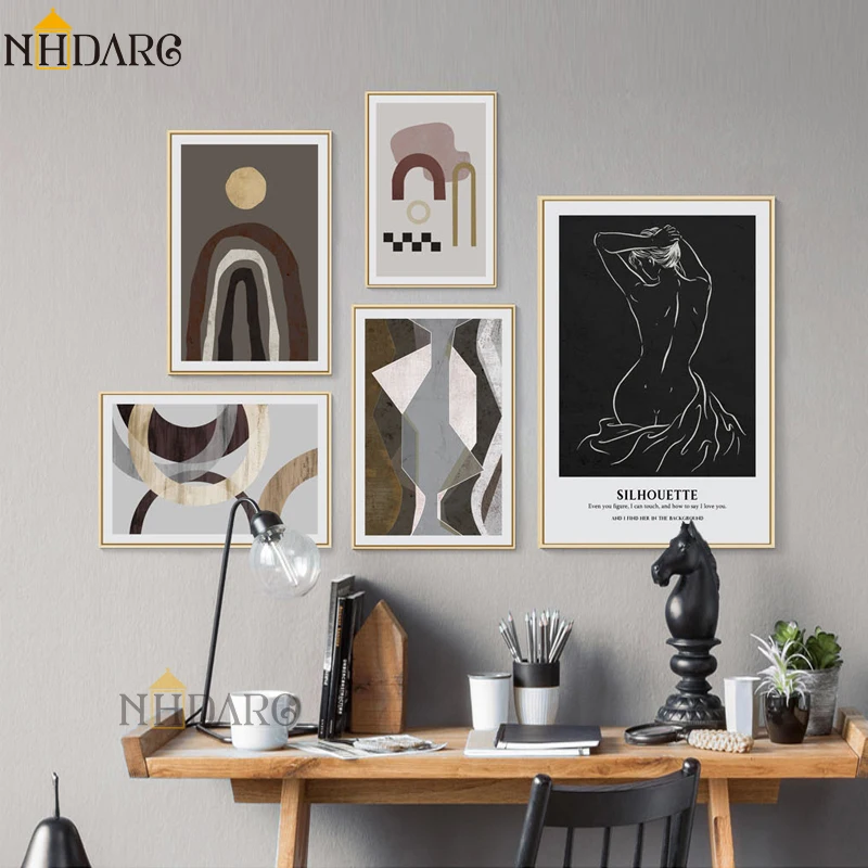 

NHDARC Canvas Printings Paintings ARC00852 Brown Abstract Color Block Black Line Human Body Posters for Living Room Home Decor
