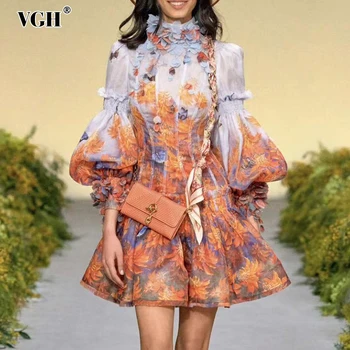 

VGH Printed Vintage Dress For Women Stand Collar Lantern Sleeve High Waist Slim Mini Dresses Female 2020 Fashion New Clothing