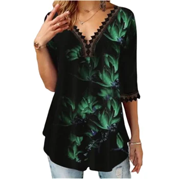 

2020 New Lace Splice T-Shirt Top Women Digital Print Casual Pullovers Plus Size 4XL 5XL T-shirt Femme Summer Female Tee Shirts