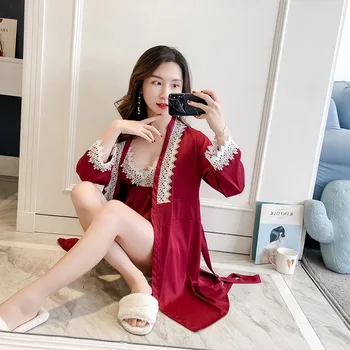 

Red Lady Strap Top Pants Suit Pajamas Sleepwear Sets Womens Home Wear 3PC Nightgown Sexy Kimono Robe Bath Gown Nightdress