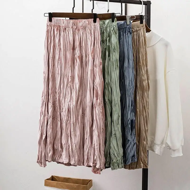 High Waist Women's Casual Pleated Skirt Empire Velvet Folds Retro Metal Skirt