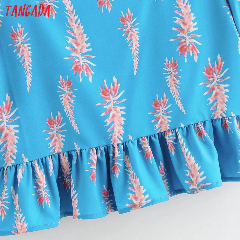 Tangada korea chic blue floral print suit women skirt set 2020 fashion new suit 2 piece set sweet top and pants 2F38