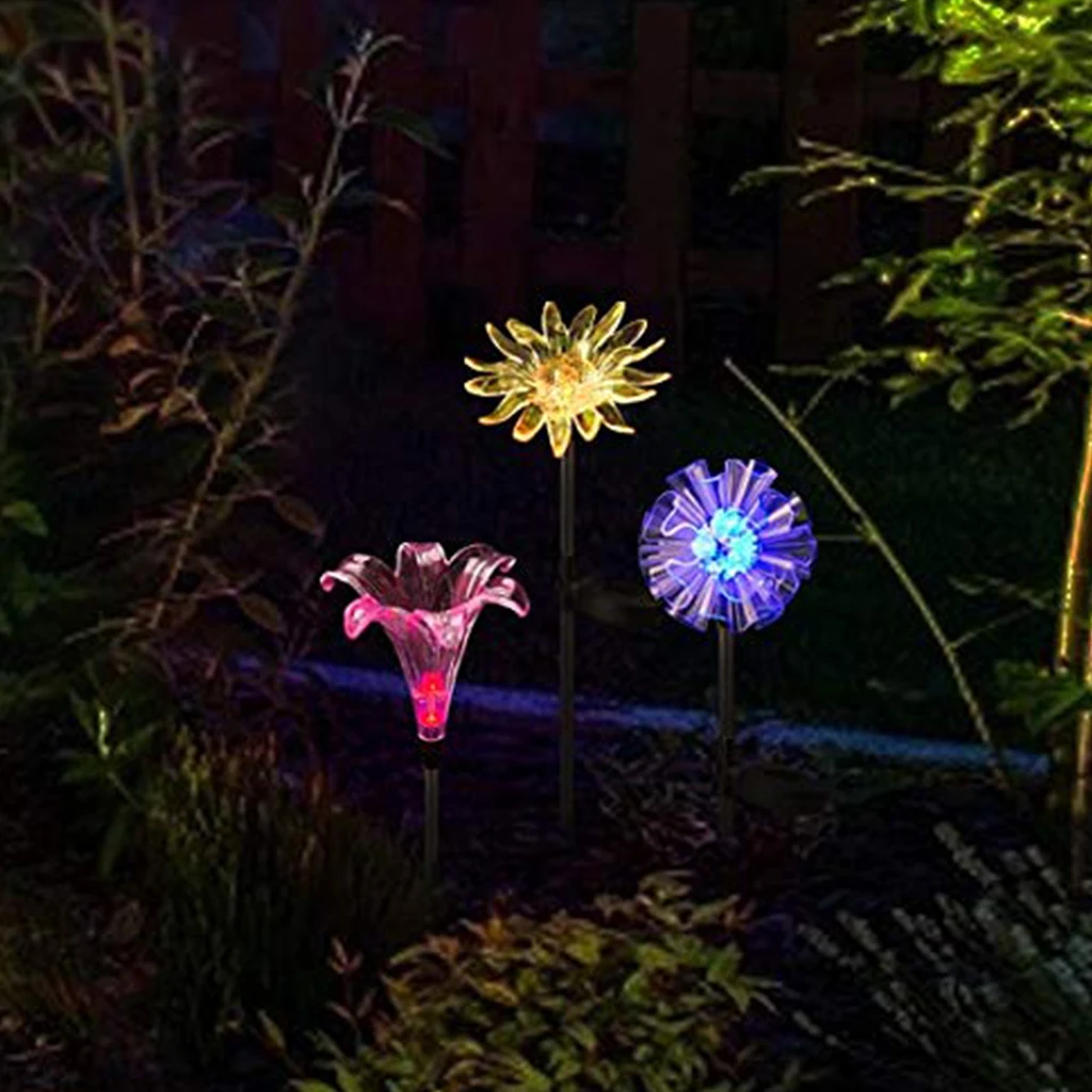 3pcs LED Solar Light Multicolor Changing Lamp Snowflake Lily Sunflower Patio Lights for Outdoor Garden Christmas Party Decor