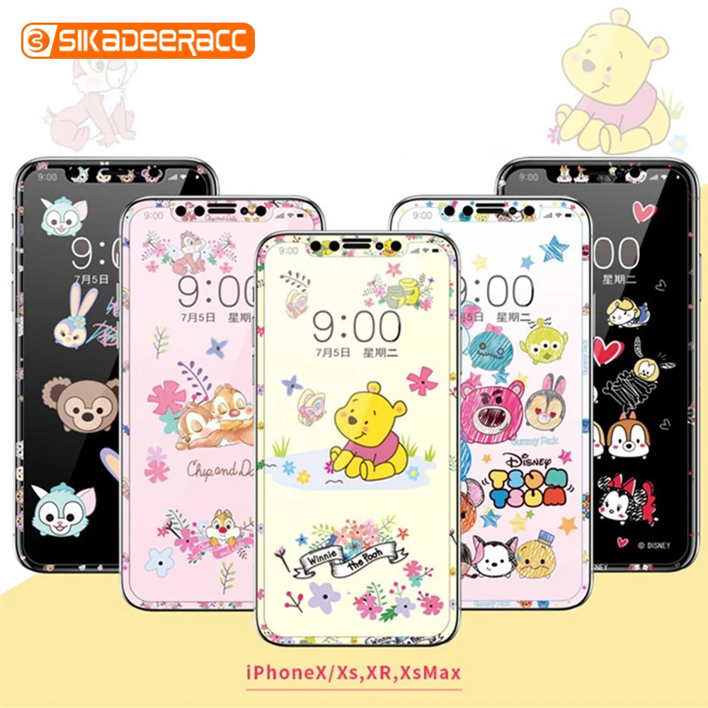 

Bear Mouse Cute Cartoon Tempered Glass Screen Protector For iPhone X XR XS Max Anti Scratch Full Cover Front Film Anti Explosion