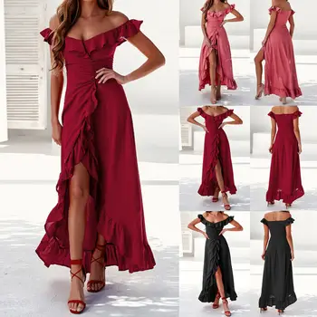 

Women's Fashion Sexy Boho Long Maxi Party Cocktail Beach Solid Color Dress Pleated Off Shoulder Split Sundress