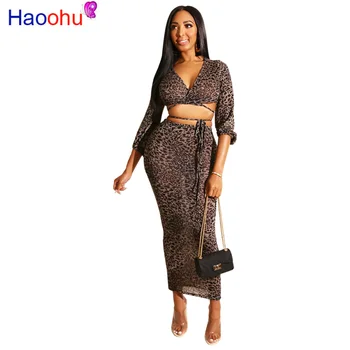 

HAOOHU Sexy Leopard Print Sheer 2 Piece Skirt Set Deep-v Bandage Crop Top and Skirt Set Women Clothing Streetwear Club Outfits